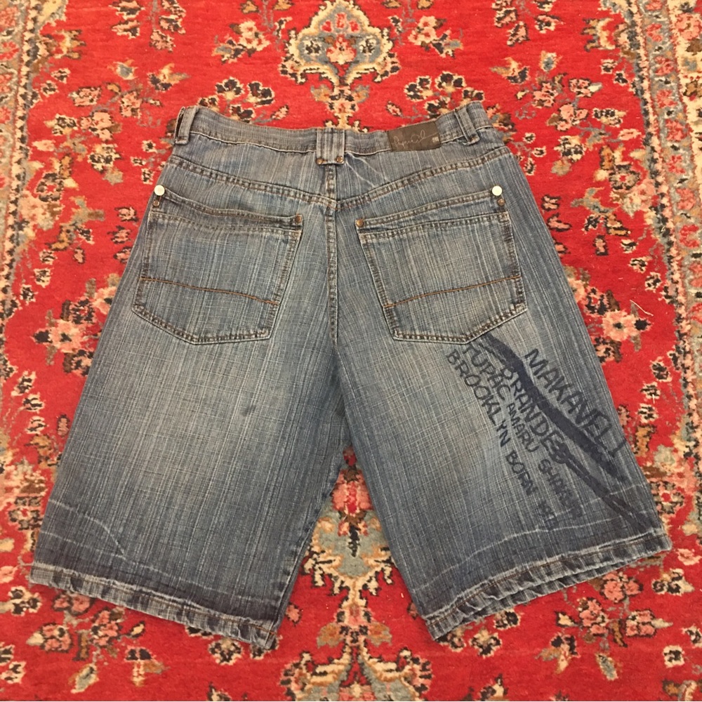 Tupac Shakur Makaveli Graffiti Denim Shorts Sz 38 Hip Hop  Rap Streetwear